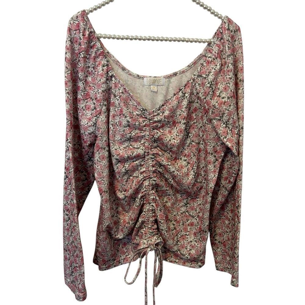 BKK Chance Ruched Bodice Top Shirt Pink Floral Stretch Sz 1X Boho Fairy Peasant